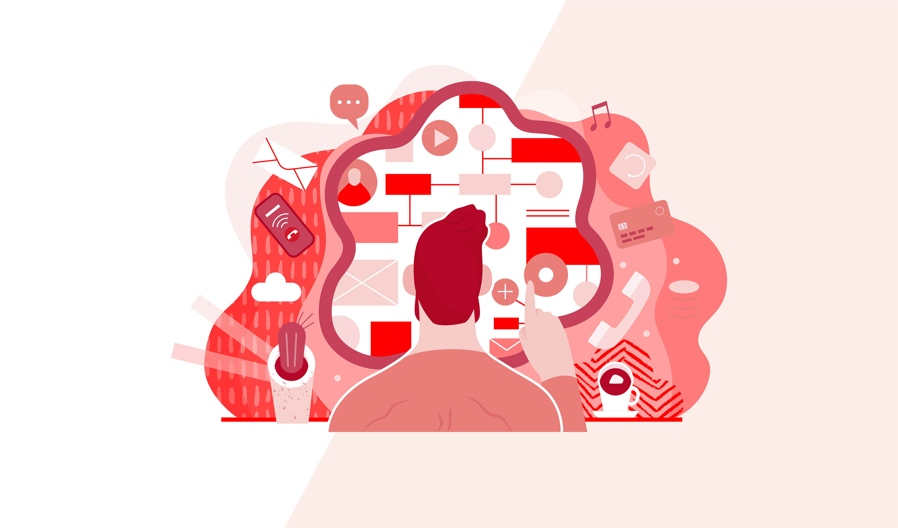 A knowledge worker surrounded by notifications and open tabs, showing the information overload that explains why you can't focus at work